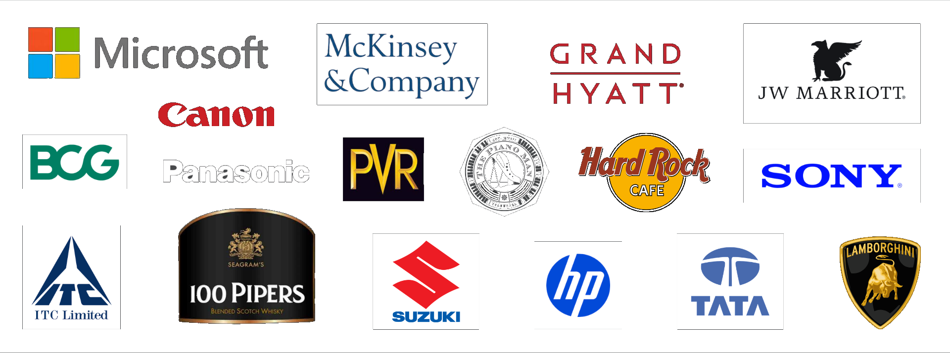 Clients and venues: Microsoft, McKinsey, Grand Hyatt, JW Marriott, BCG, Canon, Panasonic, PVR, The Piano Man, Hard Rock Cafe, Sony, ITC, 100 Pipers, Suzuki, HP, Tata, Lamborghini