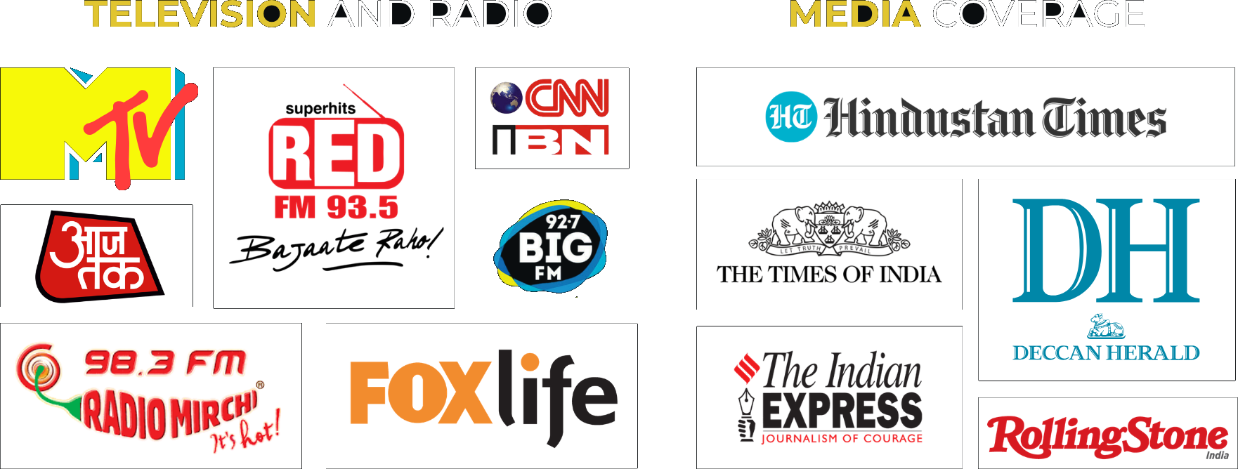 Television and radio: MTV, Aaj Tak, Red FM, CNN-IBN, Big FM, Radio Mirchi, Fox Life. Media coverage: Hindustan Times, Times of India, Deccan Herald, Indian Express, Rolling Stone India